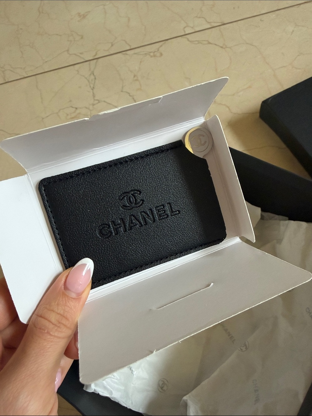 CHANEL compact mirror portable Black Embossed Leather Card Sleeve in box - Picture 12 of 12